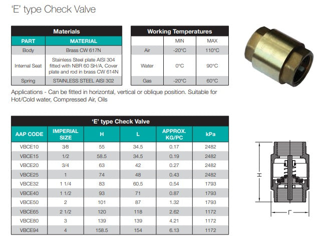 4" BSP (100mm) Brass Spring Check Valve Female Thread Type E
