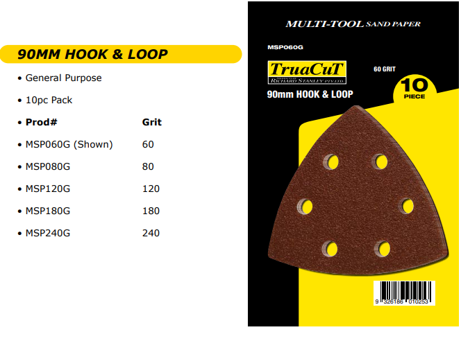 TRUACUT MULTI TOOL BLADES - 90mm HOOK & LOOP SAND PAPER - 60 GRIT - 10 PIECE (Copy)