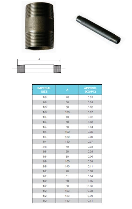 1 1/2" BSP (40mm) x 140mm LONG BLACK STEEL BARREL NIPPLE MALE MALE JOINER PIPE RISER