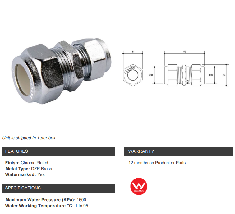 NYLON COMPRESSION BRASS UNION CHROME PLATED - COMPRESSION x COMPRESSION REDUCING - 20C x 15C