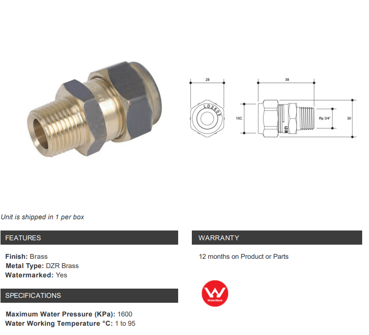 NYLON COMPRESSION BRASS REDUCING UNION - MALE x COMPRESSION - 3/4" BSP MALE x 15mm C