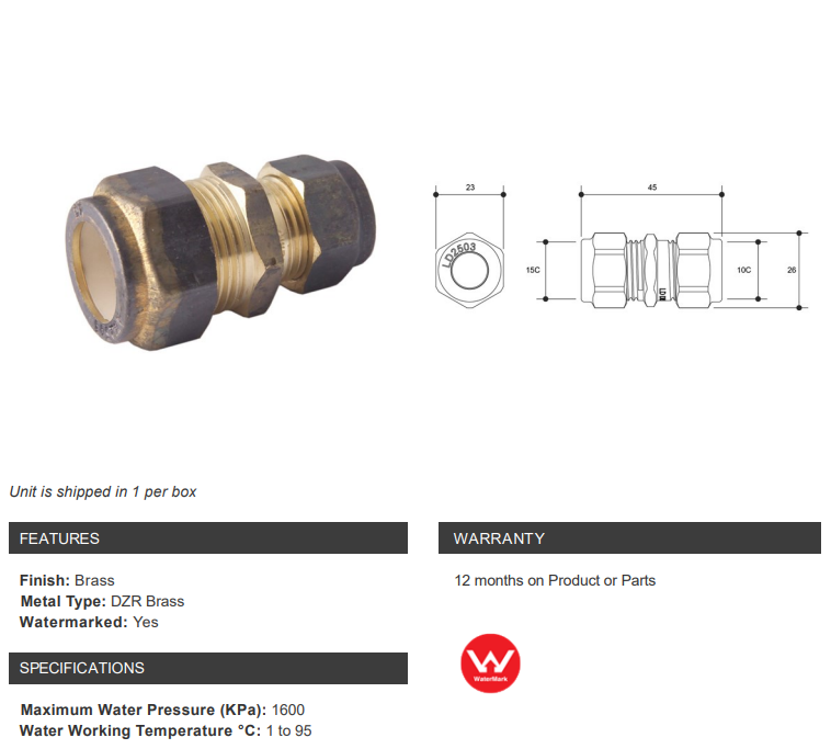 NYLON COMPRESSION BRASS UNION - COMPRESSION x COMPRESSION REDUCING - 20C x 15C