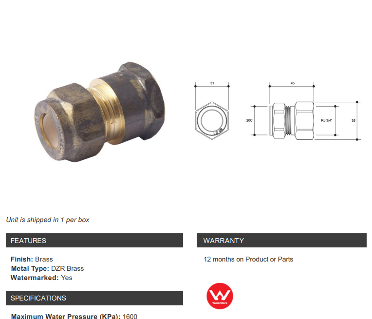 NYLON COMPRESSION BRASS UNION - FEMALE x COMPRESSION - 3/4" BSP FEMALE x 20C