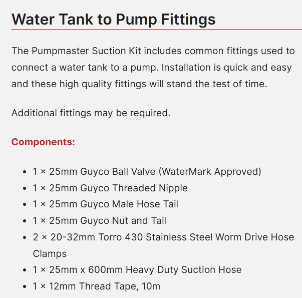 Pumpmaster Water Tank to Pump Kit - Suction Kit