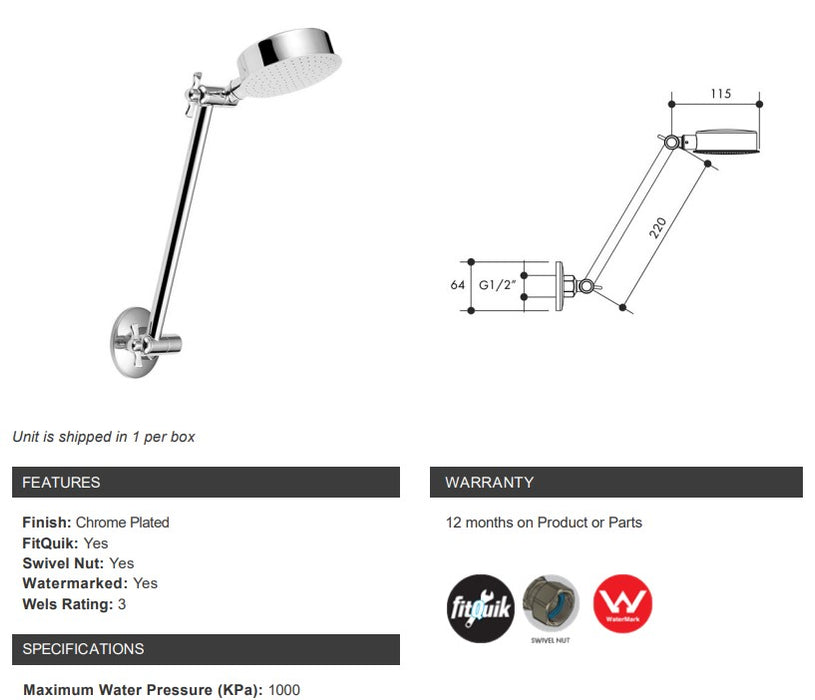 Monopoly Tapware Shower Arm and Rose All Directional 224mm Chrome Plated with Swivel Nut Inlet