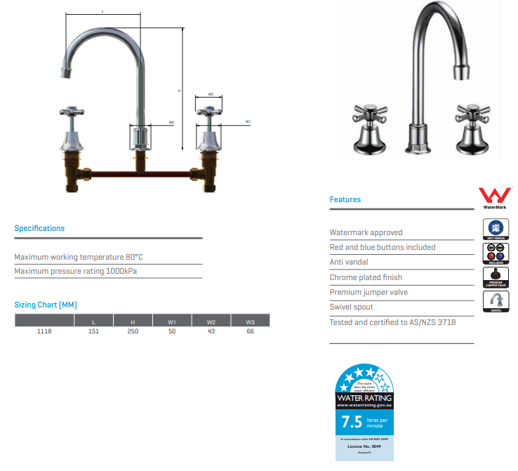 Monopoly Whitehall Tapware Hob Sink Set Curved Outlet Chrome Plated With Jumper Valves