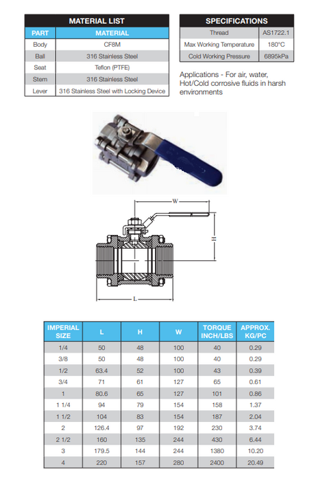 1/2" BSP (15mm) 316 Stainless Steel Ball Valve 3 Piece Full Bore Lockable