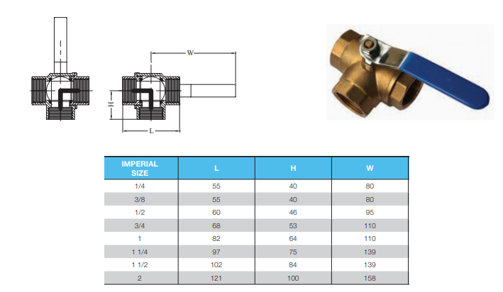 1/2" BSP (15mm) 3 WAY BRASS BALL VALVE L-PORT SIDE ENTRY