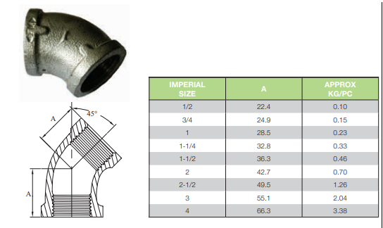 2 1/2" BSP (65mm) Gal Mal 45 Degree Elbow Female Female