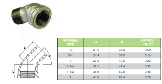 1" BSP (25mm) Gal Mal 45 Degree Elbow Male Female