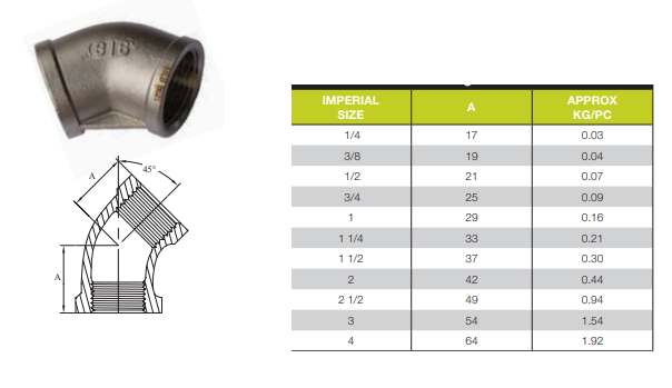 4" BSP 316 STAINLESS STEEL 45 DEGREE ELBOW FEMALE FEMALE 100mm