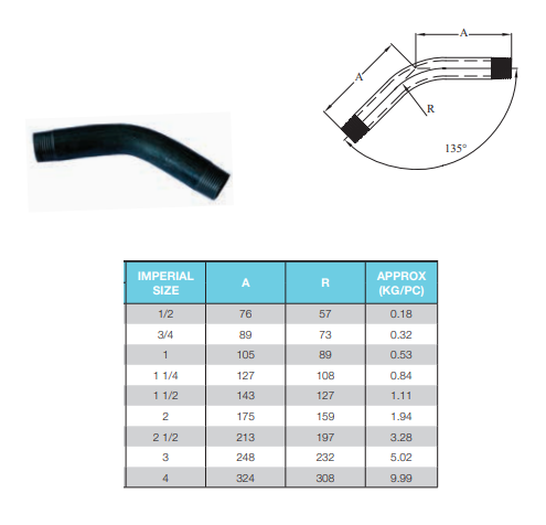 1/2" BSP (15mm) Black Steel 45 Degree Bend Male Male