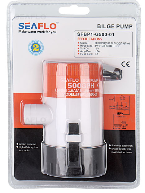 SeaFlo 12 Volt 500 GPH Submersible Non-Automatic Bilge Pump 19mm 3/4" Outlet
