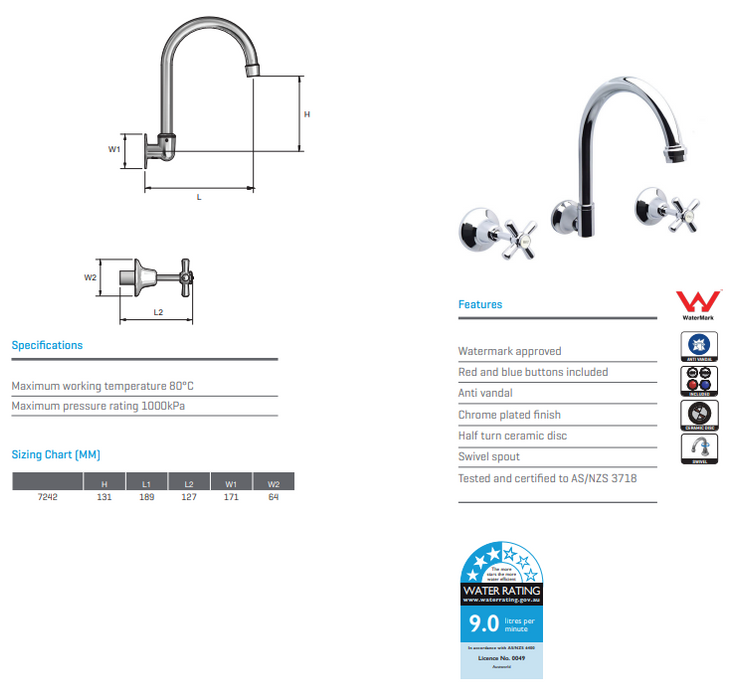 Monopoly Whitehall 1/2 Turn Tapware Wall Sink Set Ceramic Disc Chrome Plated