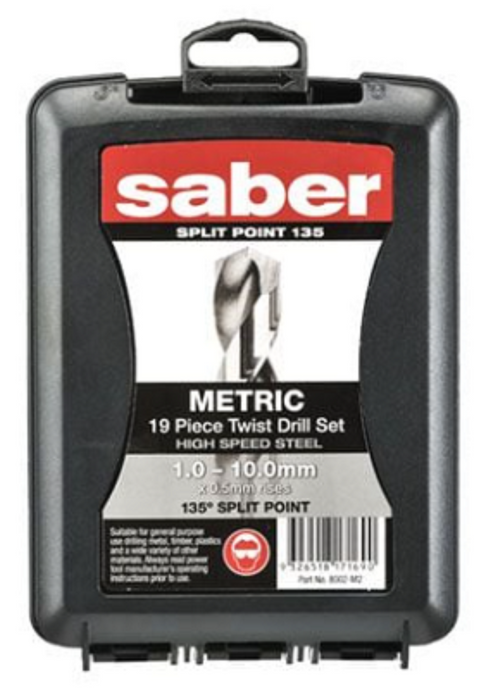 Saber 19 Piece Bright HSS Jobber Drill Set in ABS Plastic Case 1.0-10.0mm x 0.5m Split Point Drill