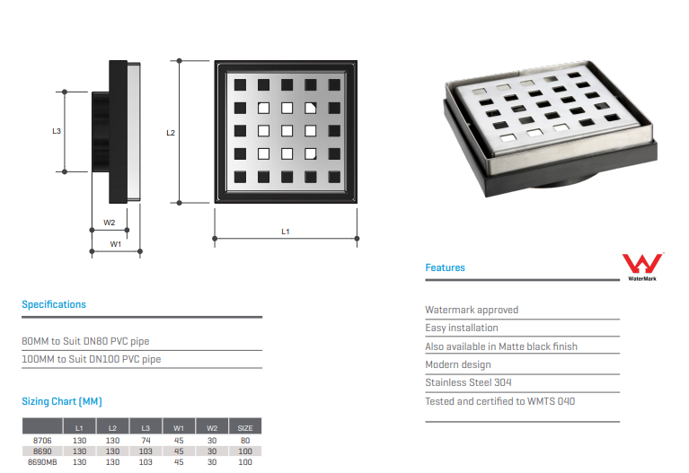 Monopoly Tapware Square Floor Grate Stainless Steel 100mm Bathroom Laundry Chrome Plated