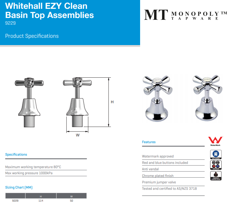 Monopoly Whitehall Tapware Basin Top Assemblies  Chrome Plated With Jumper Valves