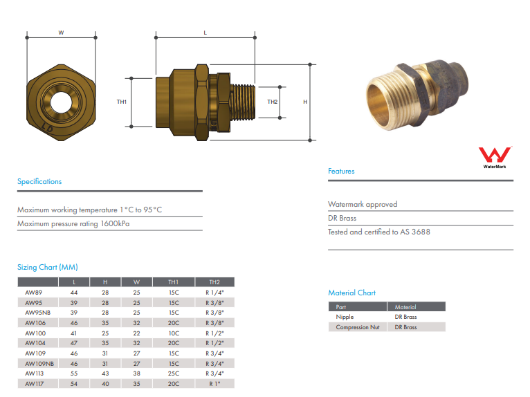 15mm (1/2" BSP) x 10mm Brass Flared Compression Reducing Union - MI BSP x Comp