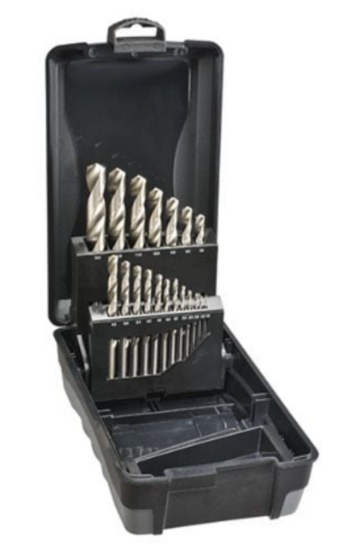 Saber 19 Piece Bright HSS Jobber Drill Set in ABS Plastic Case 1.0-6.5mm x 0.5mm rises, 7.0-13.0 x 1.0mm rises Split Point Drill
