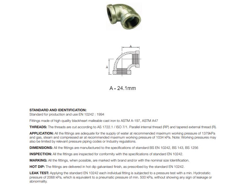 3/8" BSP (10mm) Gal Mal 90 Degree Elbow Female Female