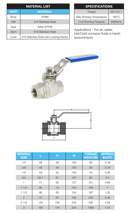 4" BSP (100mm) 316 Stainless Steel Ball Valve 2 Piece Full Bore Lockable