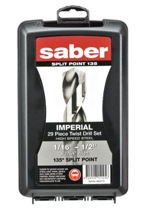 Saber 21 Piece Imperial Bright Finish HSS Jobber Drill Set in ABS Plastic Case 1/16" - 1/4" x 1/64" rises, 9/32" - 1/2" x 1/32" rises Split Point Drill