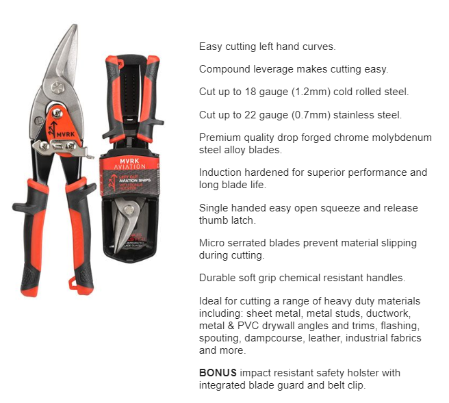 MVRK Aviation Snips Left Cutting Includes Safety Holster And Belt Clip