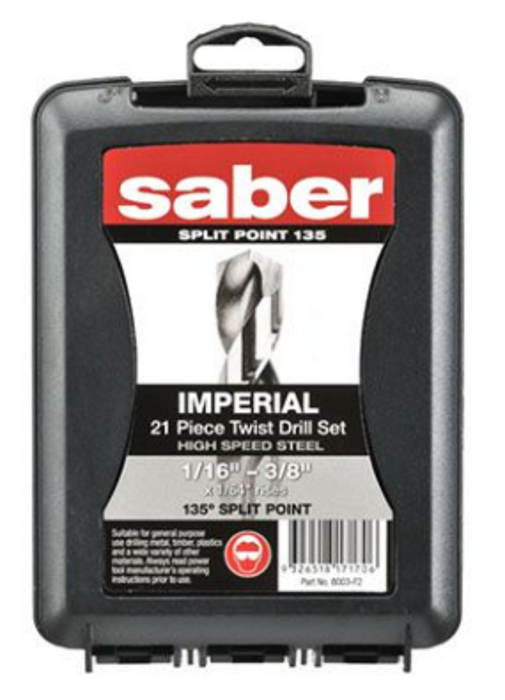 Saber 21 Piece Imperial Bright Finish HSS Jobber Drill Set in ABS Plastic Case 1/16" - 3/8" x 1/64" rises Split Point Drill
