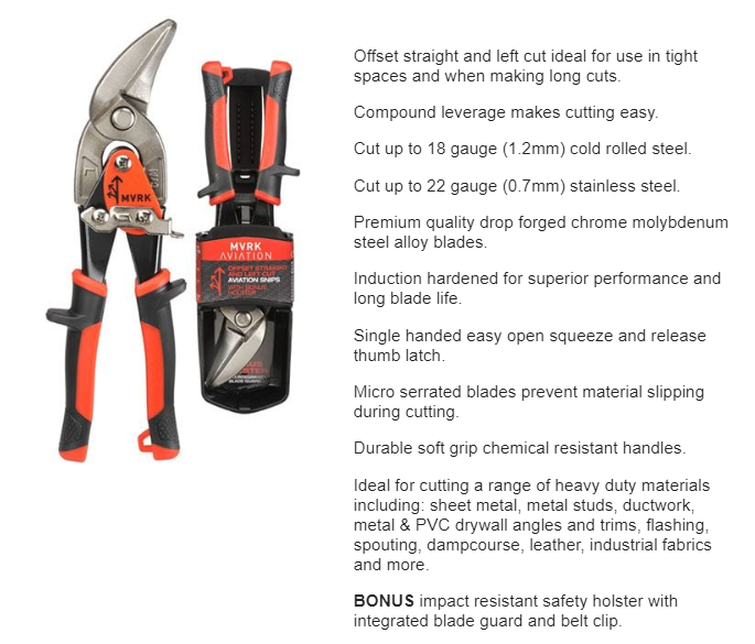 MVRK Aviation Snips Left Cutting Offset - Includes Safety Holster And Belt Clip