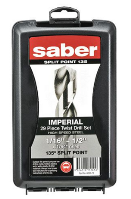 Saber 29 Piece Imperial Bright Finish HSS Jobber Drill Set in ABS Plastic Case 1/16" - 1/2" x 1/64" rises  Split Point Drill