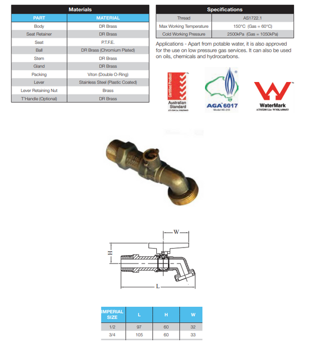 1/2" DR Brass Valve Cock Vandal Proof Handle Watermark Dezincification Resistant