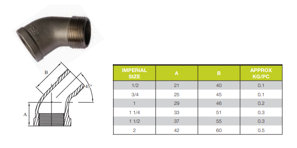 1" BSP 316 STAINLESS STEEL 45 DEGREE ELBOW MALE FEMALE 25mm