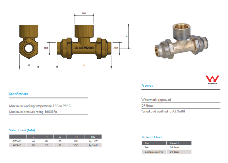 FLARED COMPRESSION BRASS TEE DOUBLE  UNION 15C x 15C x 15FI