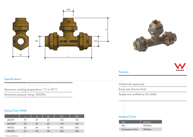 FLARED COMPRESSION BRASS TEE TRIPLE UNION 25C x 25C x 25C