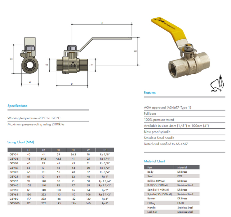 Ball Valve AGA Gas Approved 1/2" BSP (15mm) Female Female