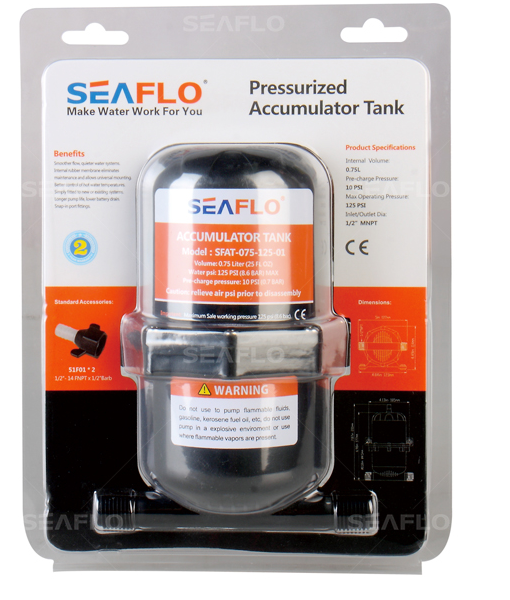 SeaFlo Pressurised Accumulator Tank Pump 125 PSI M,O.P 0.75/1.0 Litre 1/2" M NPT