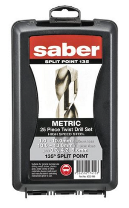 Saber 25 Piece Bright HSS Jobber Drill Set in ABS Plastic Case 1.0-10.0mm x 0.5mm, 11.0-13.0mm x 1.0mm plus 3.3, 4.2, 6.8mm Split Point Drill