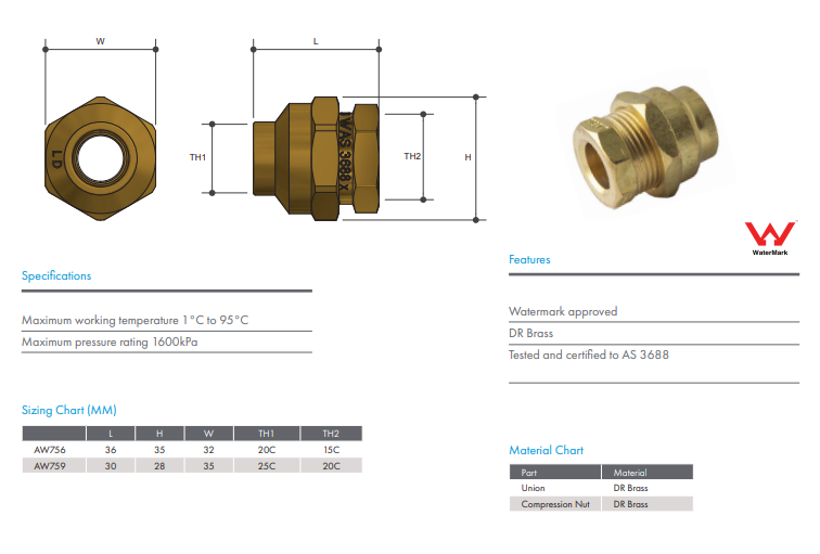 25mm x 20mm Brass Flared Compression Reducing Union Compression x Compression