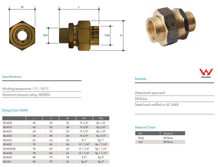 Brass Barrel Union Male x Female 1/4" BSP (6mm)