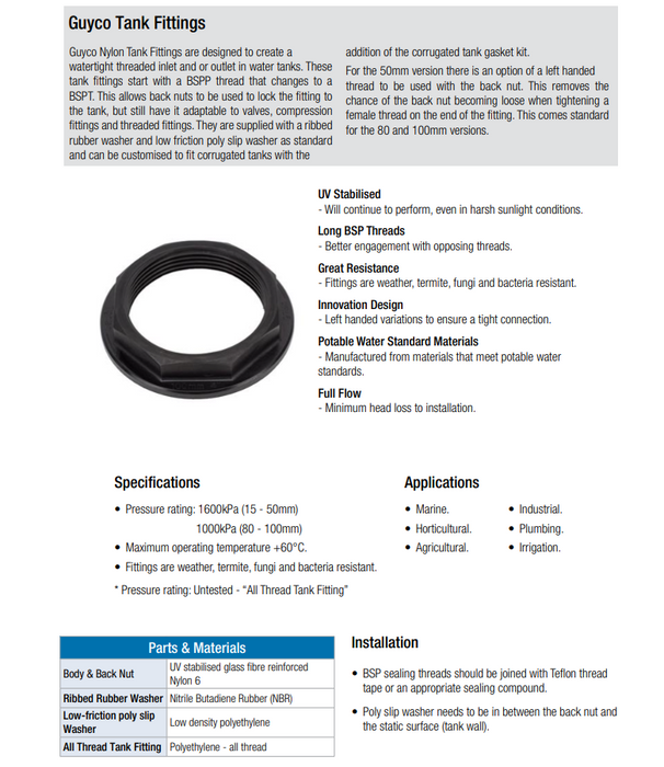 Guyco Tank Fittings 32mm (1 1/4") Nylon Backnut UV Stabilised Glass Fibre Reinforced Nylon 6