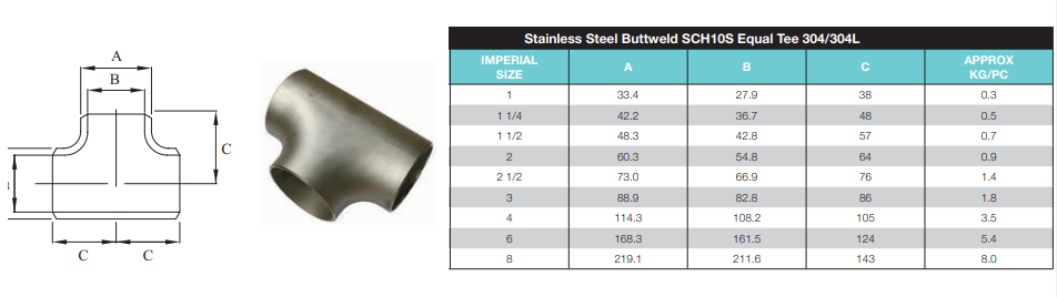 1" (25mm) Stainless Steel 304 Buttweld Equal Tee SCH10