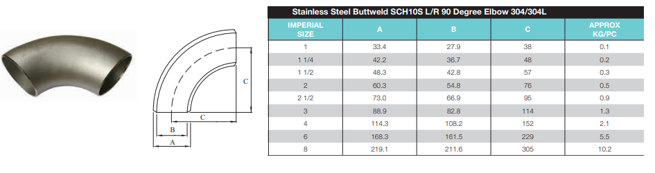 6" (150mm) Stainless Steel 304 Buttweld 90 Degree Elbow SCH10