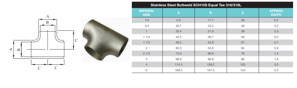 3" (75mm) Stainless Steel 316 Buttweld Equal Tee SCH10