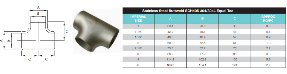 1 1/2" (40mm) Stainless Steel 316 Buttweld Equal Tee SCH40