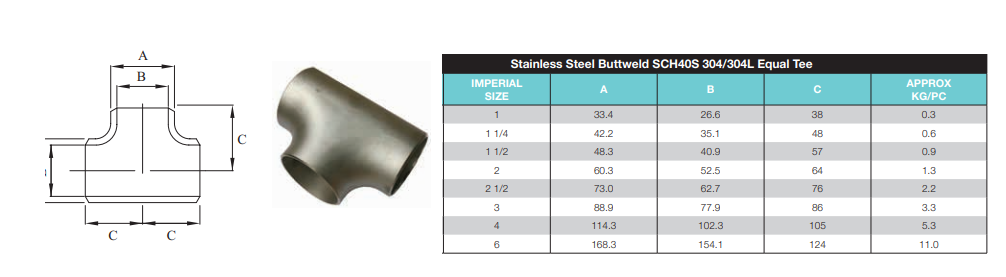 4" (100mm) Stainless Steel 304 Buttweld Equal Tee SCH40