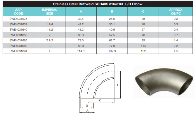 6" (150mm) Stainless Steel 316 Buttweld 90 Degree Elbow SCH40