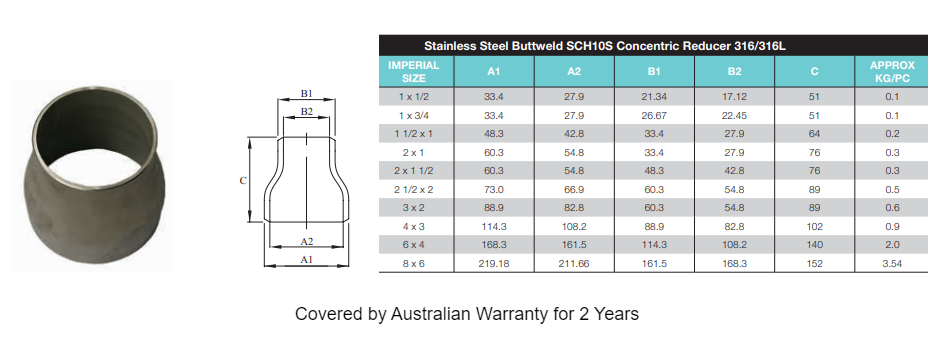 8" x 4" (200 x 100mm) Stainless Steel 316 Buttweld Concentric Reducer SCH10