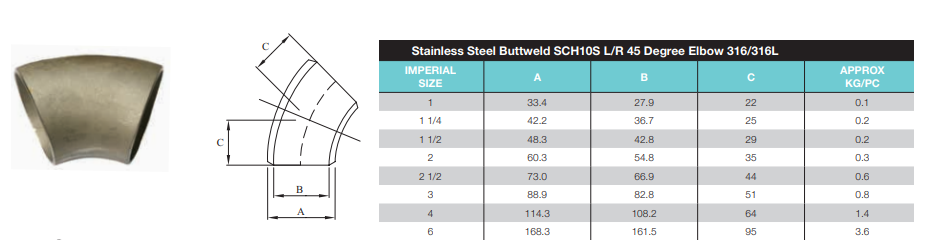 1" (25mm) Stainless Steel 316 Buttweld 45 Degree Elbow SCH10