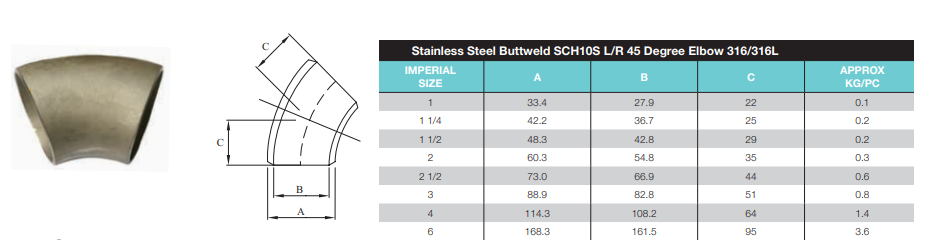 1 1/2" (40mm) Stainless Steel 316 Buttweld 45 Degree Elbow SCH10
