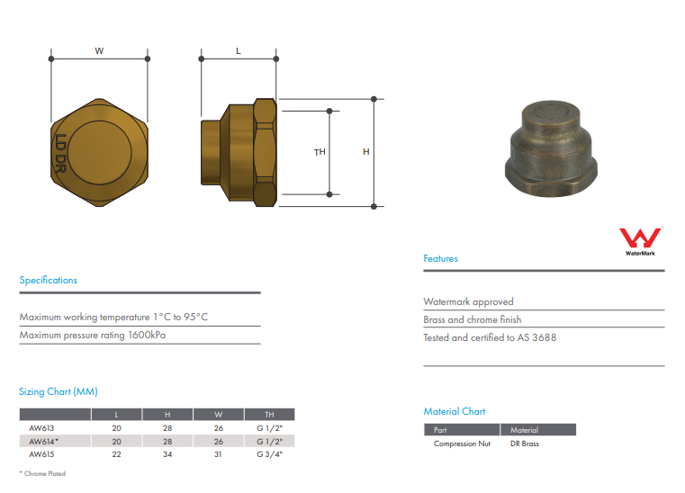 15mm (1/2") Brass Chrome Plated Flared Compression - Cap Compression